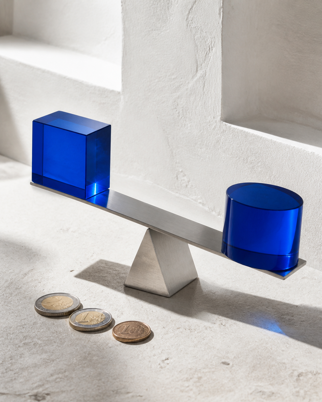 Dos formas de cristal azul equilibradas sobre una pieza metálica